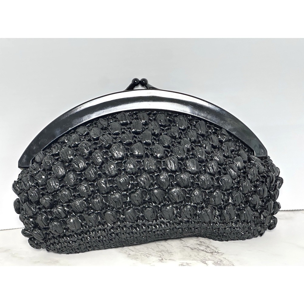 Clutch Women's Black Clutch Straw Kiss Lock Handbag - Picture 6 of 16
